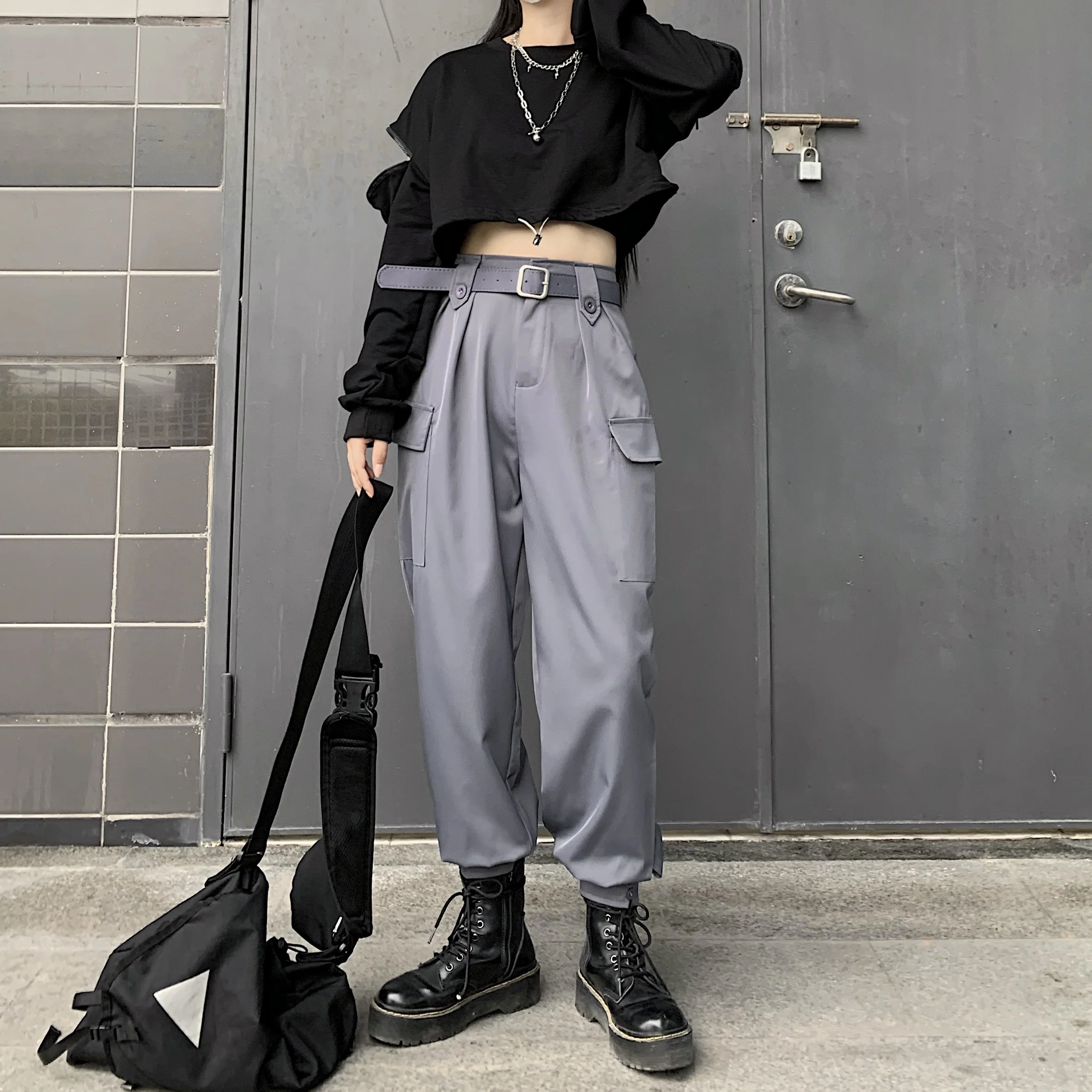 

Harajpoo Women Pants Korean Ins Hip-hop Retro Drooping High Waist Thin Leggings Large Pocket Workwear Casual Female Trousers