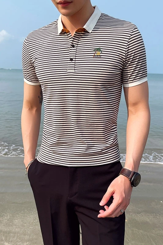 

2021 summer striped POLO shirts men short sleeve slim Business Casual polo shirts fashion embroidery Social Streetwear clothes