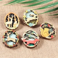 wood animal brooch pins cute wood flower fox squirral brooches cartoon jewelry gift for kid friend