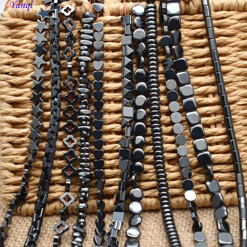 Wholesale Natural Stone Cylinder Star Love Heart Square Black Hematite beads Flat Round Loose beads For Women Men Jewelry DIY