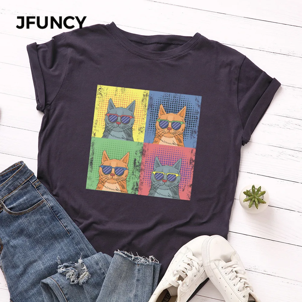 JFUNCY  Fashion Cat Print Summer T-shirt Women Cotton Tshirt Short Sleeve Tees Tops Woman T Shirt Female Shirts