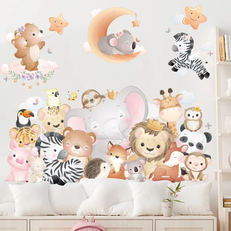 

Cartoon Elephant Lion Wall Stickers Kids Room Decor Cartoon Forest Animals Door Sticker Waterproof Wall Paper Modern Art Decal