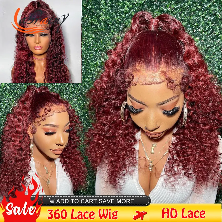 

Curly 360 HD Lace Frontal Human Hair Wigs Deep Wave Burgundy Red Colored 13x4 Lace Front Wig 99J Water Wave Brazilian Women 13x6