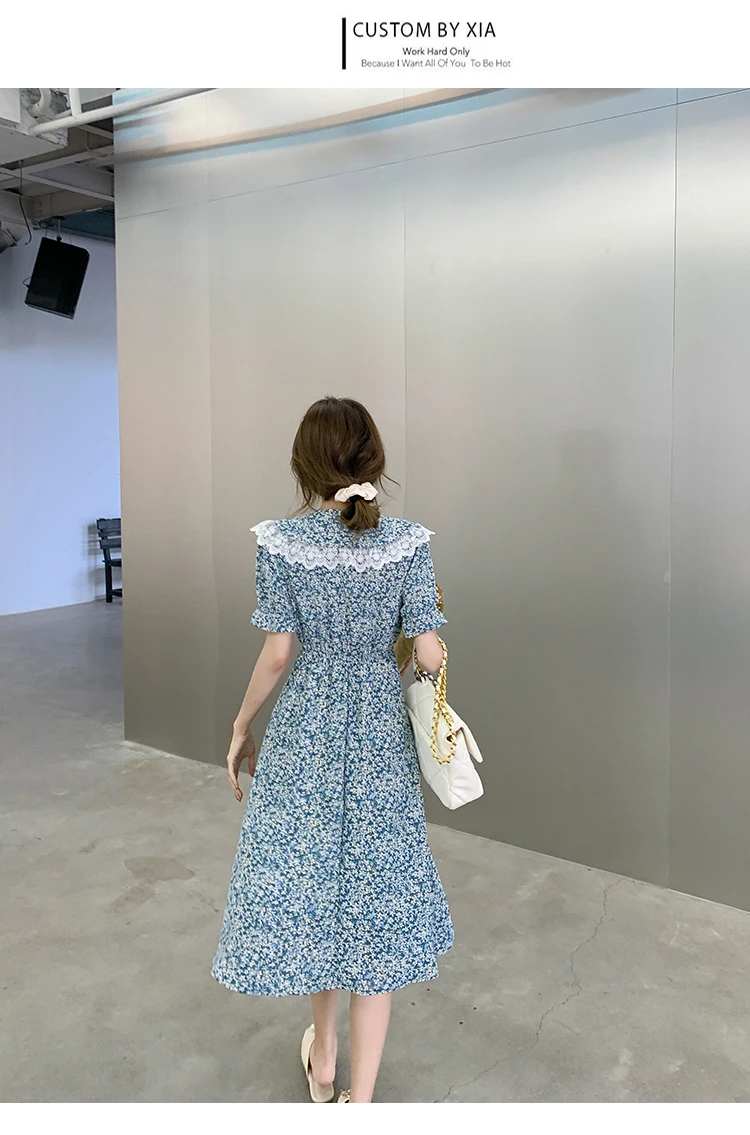 

Summer New Korean Long Chiffon Thin Plus Size Women's Dress Fashion Short Sleeve Doll Collar Printed Casual Dresses