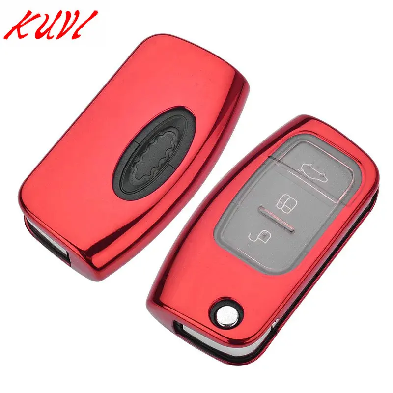 red Мягкий чехол для ключей из ТПУ для Ford Fiesta Focus 2 Ecosport Escape Car Flip Складной Дистанционный чехол для ключей 3 кнопки - Название цвета: red