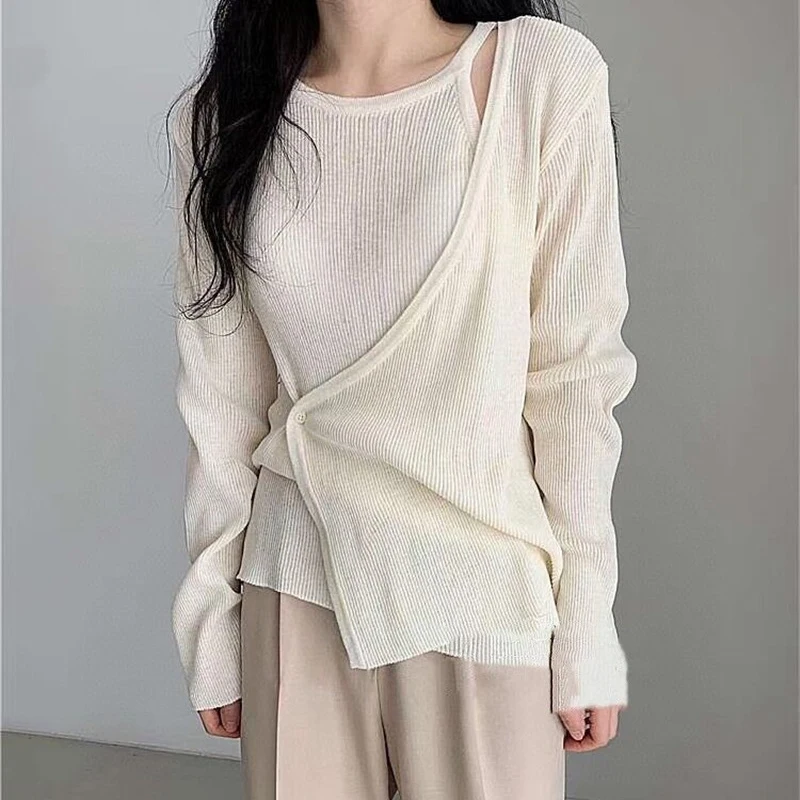 

Limiguyue Autumn Chic Irregular Women Sweaters Korean Patchwork Knitted Tops Solid Long Sleeve Pullover Fake Two Piece K2994