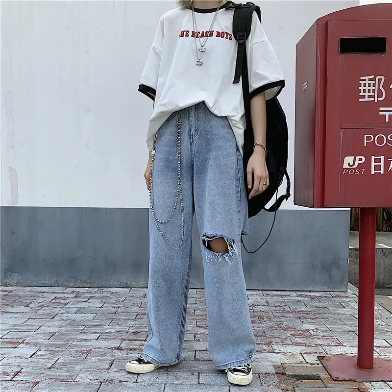 

GOOHOJIO 2020 New Hole Vintage Harajuku Straight Denim Streetwear High Waist Women Jeans Wide Leg Denim Pants Women Trousers