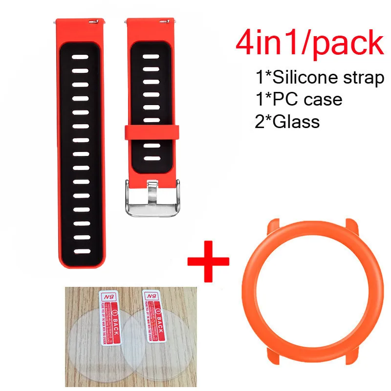 red black-orange 4в1 силиконовый ремешок для часов Huami Amazfit Pace ремешок спортивный ремешок для наручных часов защитный браслет чехол стекло Защита экрана - Цвет: red black-orange