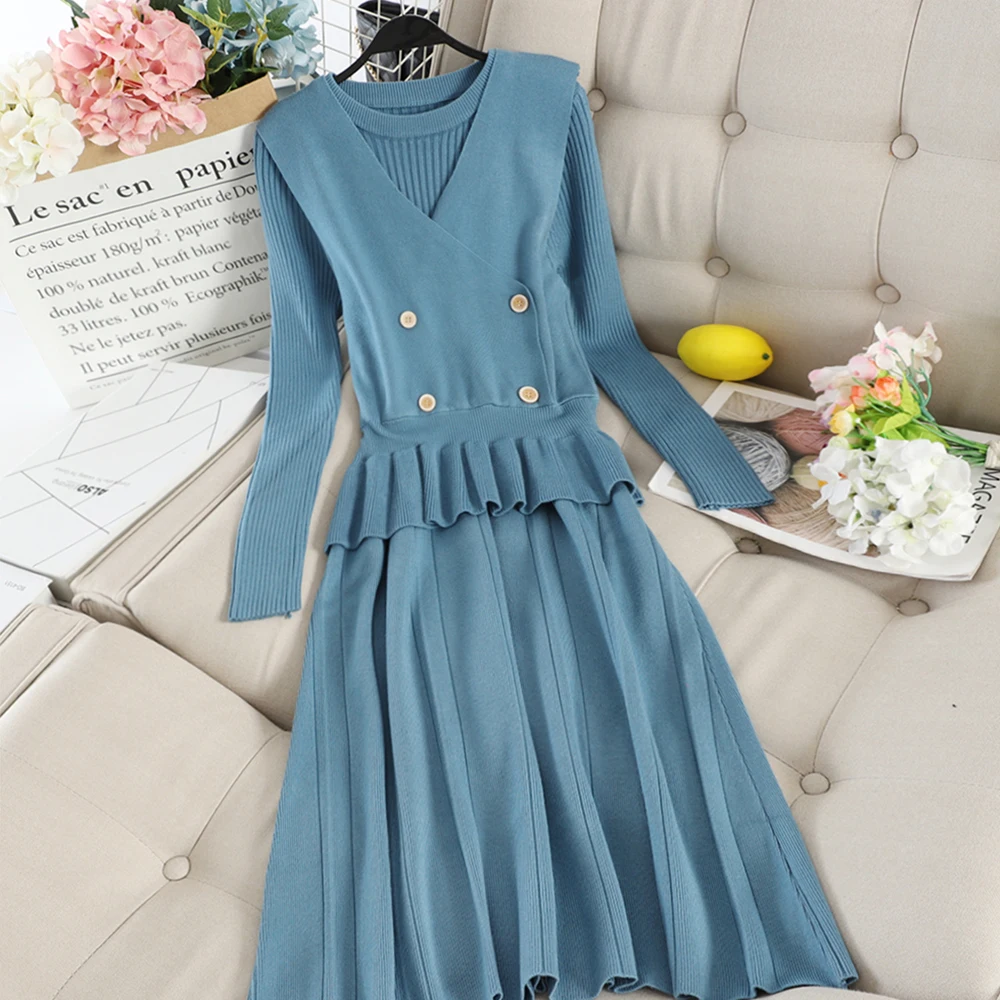 SINGRAIN женское длинное вязаное платье + вязаный свитер Модное Элегантное зимнее