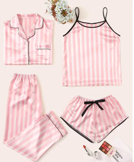 

Stripe Women Pajamas Set 4PCS Sleepwear Casual Soft Nightwear Pijamas Suit Sleep Set Summer Pink Pyjama Satin Shirt&Pant Sets