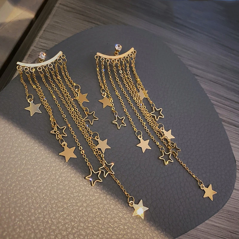 

Fairy Charming Earrings Golden Tassels Stars Long Earrings Dangle Party Fashion Jewelry For Women Earrings 2021