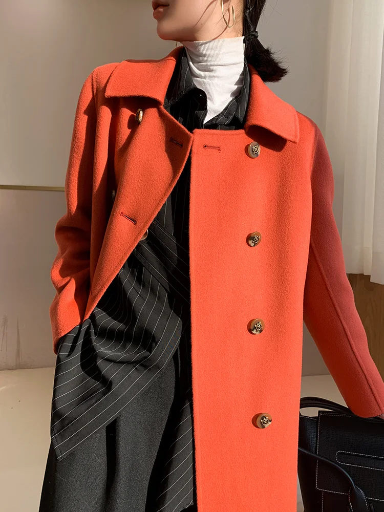 

Double sided cashmere coat women's medium length knee length 2021 new autumn winter double breasted high-end 100% wool tweed