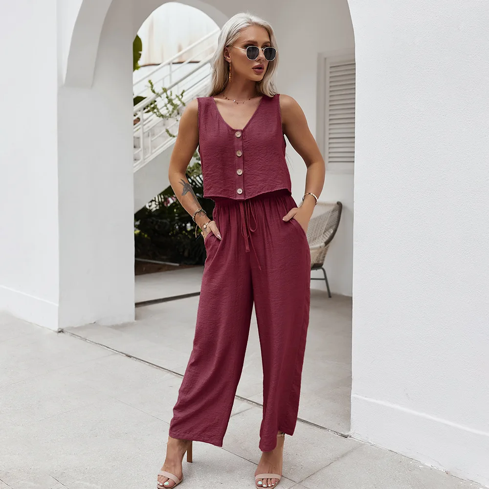 

Fashion Women's Suit New Casual V-neck Single-breasted Solid Color Short Loose Plus Size Wide-leg Pants Two-piece Suit Donsignet