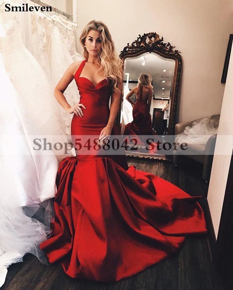 Женское атласное вечернее платье Smileven Красное Атласное Платье Русалка с лямкой