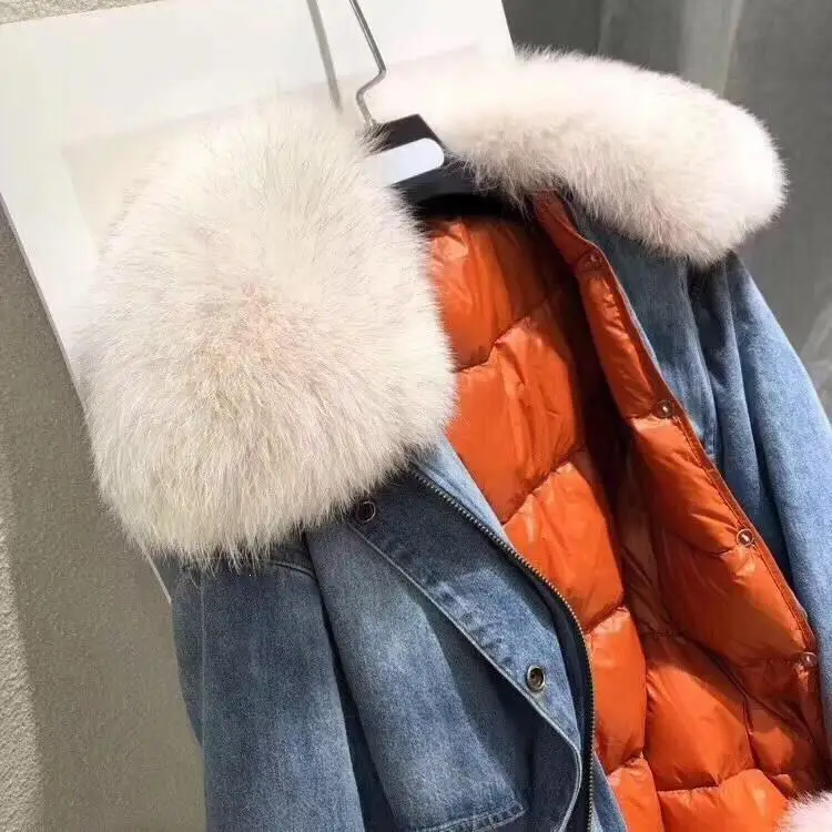 Winter Fox Fur Collar Denim Jacket Women Thick Coat Jean Loose Duck Down 2 Piece Set | Женская одежда