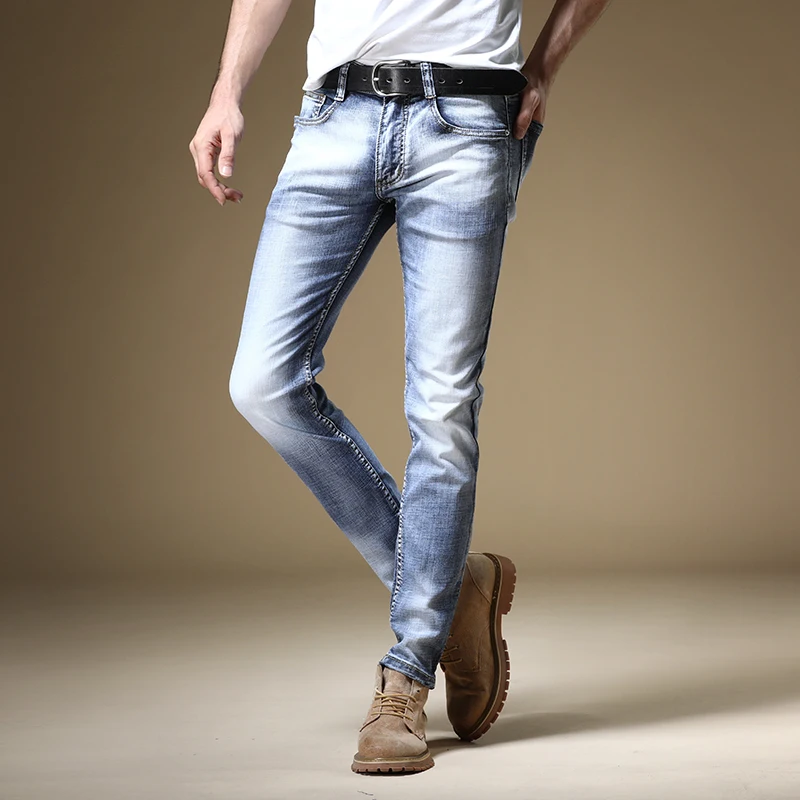 Men Stretch Light Blue Jeans Fashion Cotton Straight Slim Fit Pants Casual Streetwear Denim Trousers