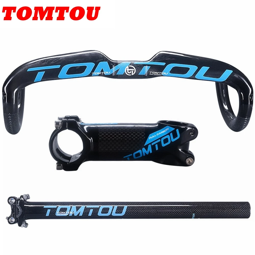 

TOMTOU Road Bicycle Handlebar Set Carbon Aero Handlebar + Seatpost + Stem Cycling Bike Parts Glossy Blue - TB7T49