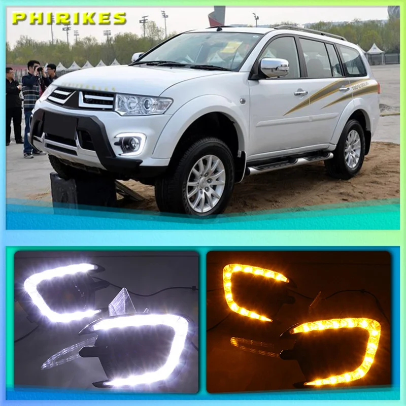 1 Set Gloss Style 12V Car DRL Daytime Running Lights With Turn Signal Yellow For Mitsubishi Pajero Sport 2013 2014 2015