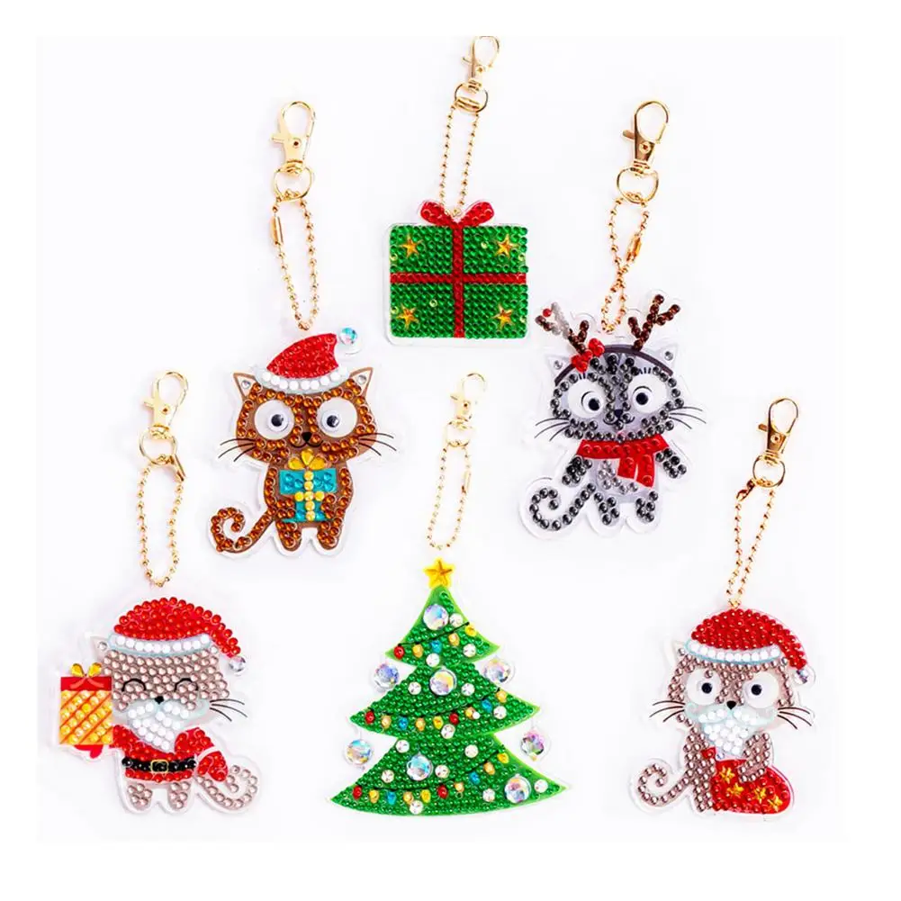 

6pcs Christmas 5D DIY Keychain Diamond Painting Animal Cartoon Diamond Hanging Decorations Christmas Tree Pendant Xmas Best Gift