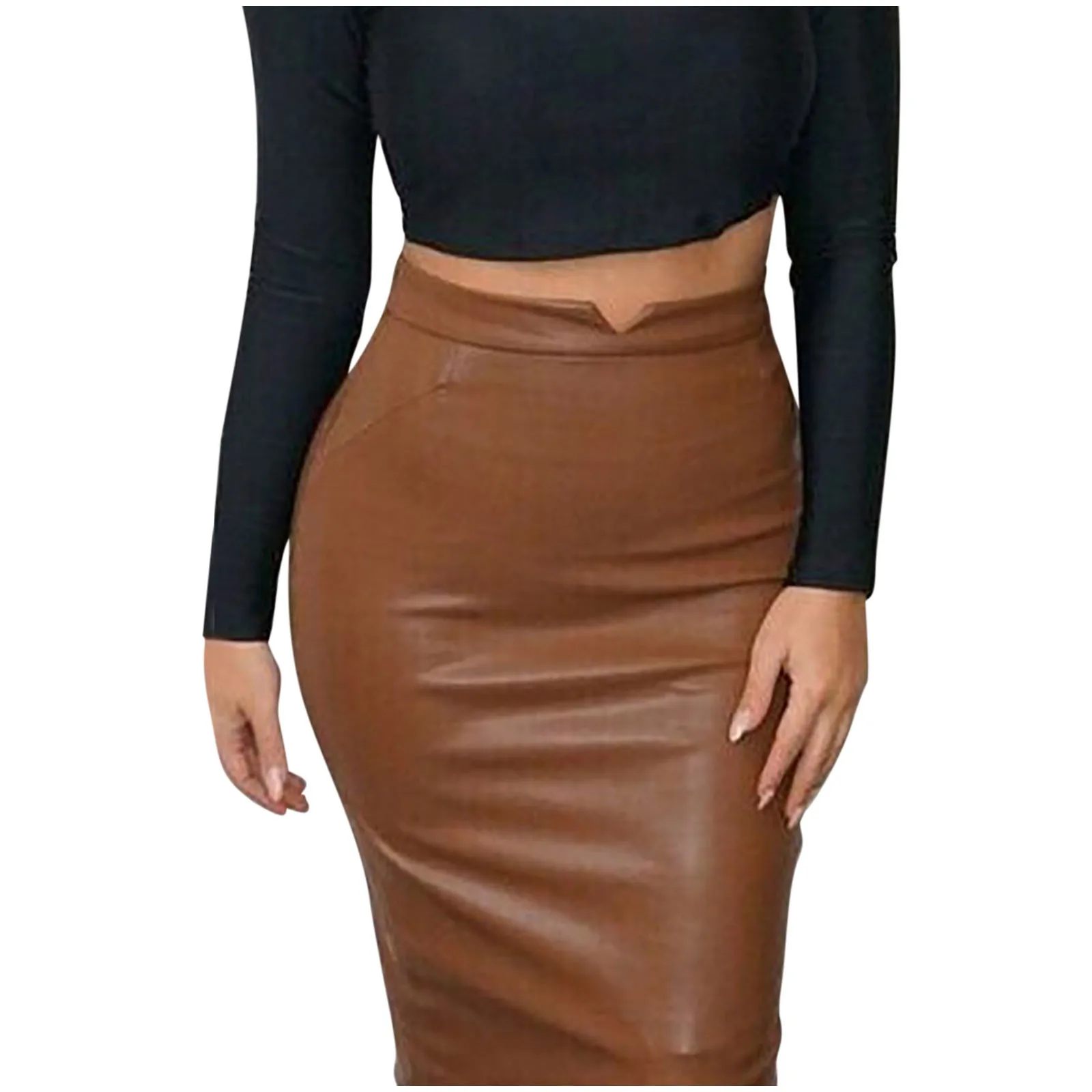 

2021 Women PU Leather Midi Skirt Autumn Winter Ladies Package Hip Pencil Skirt Plus Size Classic Solid High Waist Skirts
