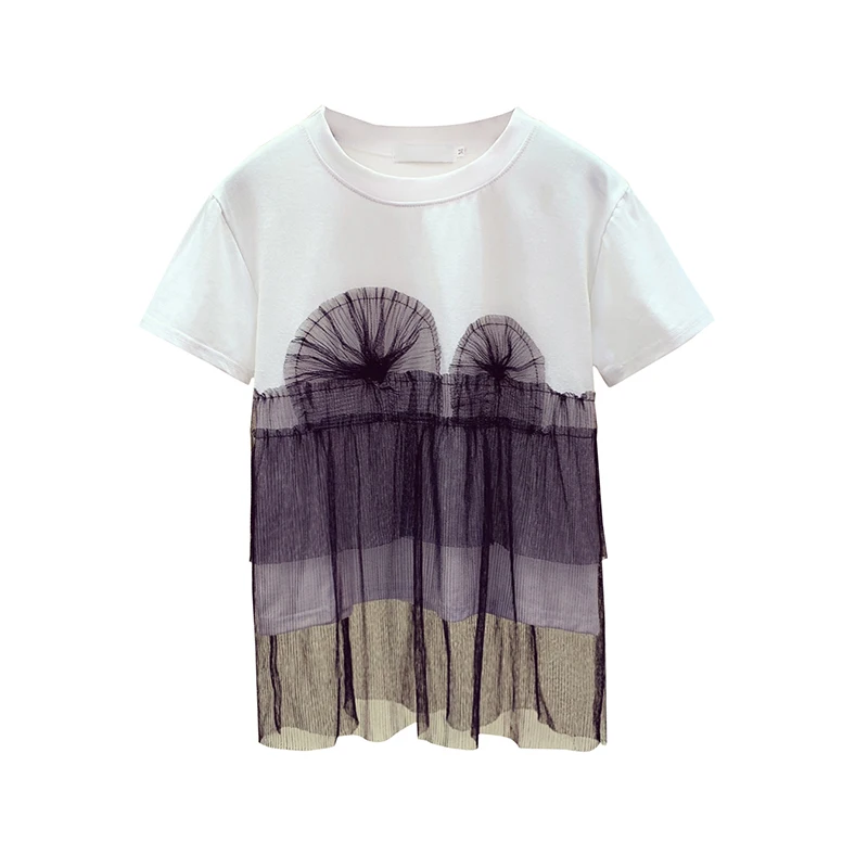 

Summer Tshirt Women Short Sleeve T-shirt New Fashion Black Mesh Stitching Loose T Shirt T-shirts Girls Ladies Tee T