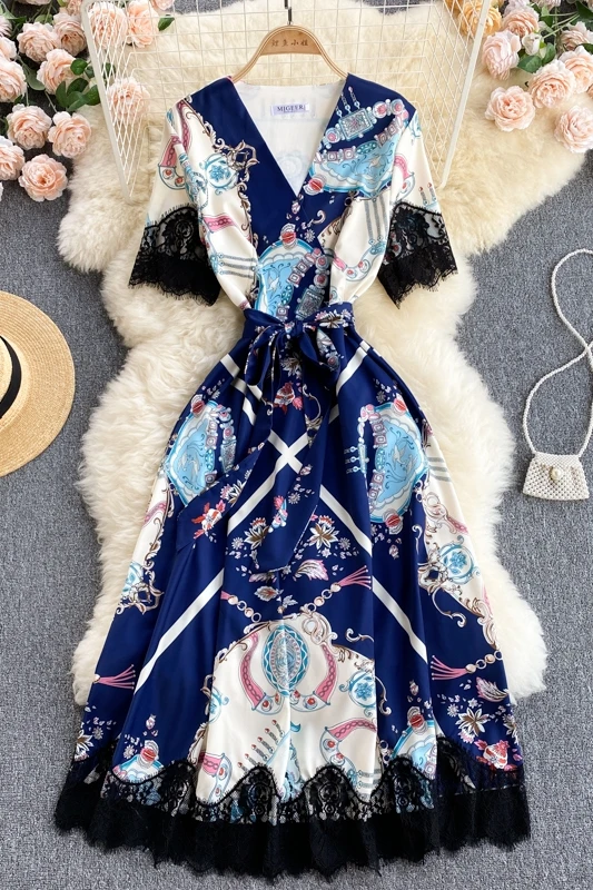 

Women Summer Elegant V-Neck Dress Festa Female High Quality Long Vintage Party Robe Femme Lace Designer Casual Vestidos