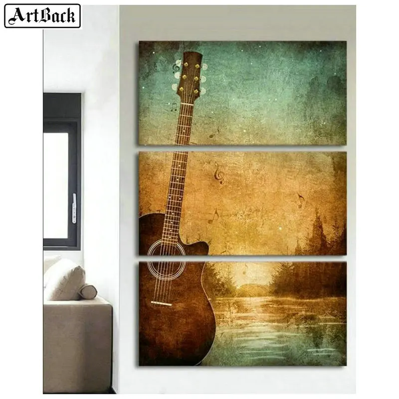 Три бои 5d алмазная живопись гитара пейзаж полный квадратный дрель наклейки на