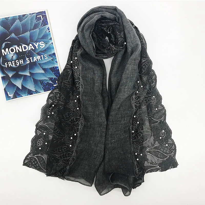 7 Lace floral hijab scarf plain beads cotton headband scarves wraps shawls hijab spring muslim scarf 180*80cm - Цвет: 7