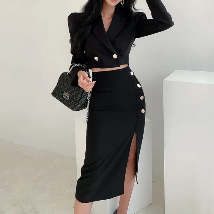 

2021 Spring and Summer Korean Chic OL Commuter Temperament Short Suit Jacket and Waist Slit and Hip Skirt Sexy Fashion Midi Suit
