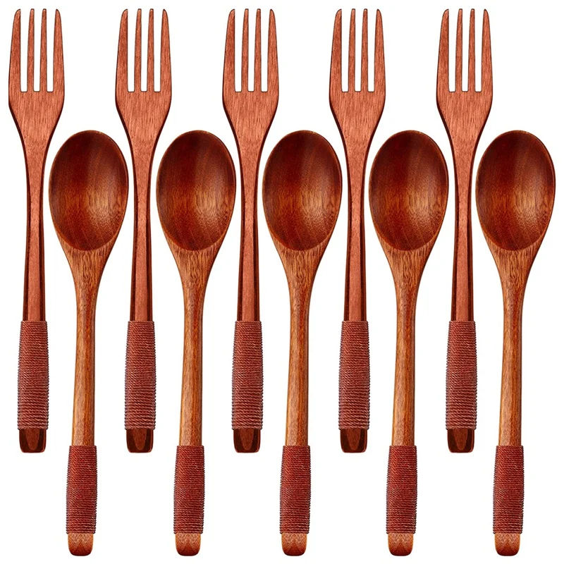 

Wooden Spoons Forks Set Wooden Utensil Set Reusable Natural Wood Flatware Set for Cooking Stirring Eating 10 Pieces
