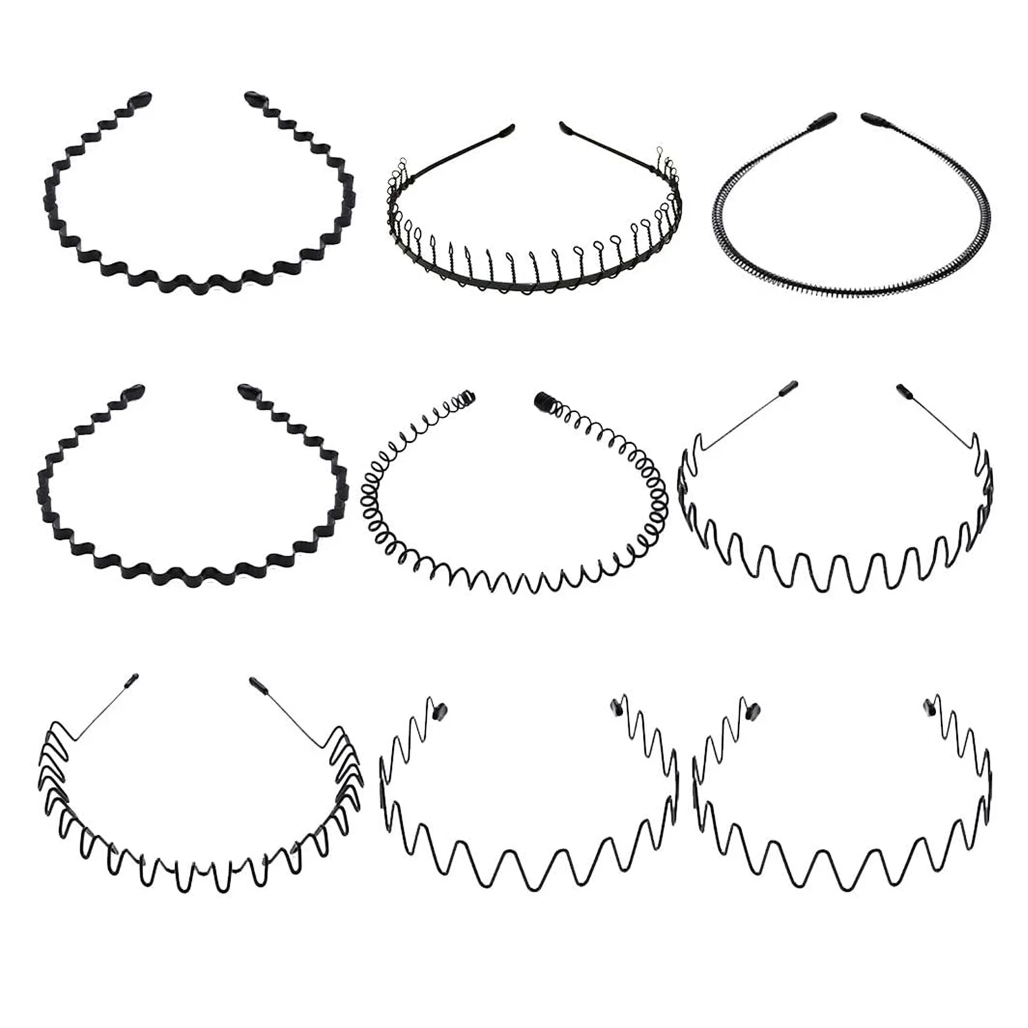 

9pcs Fashion Unisex Simple Black Metal Wave Hairband Hair Hoops Headwear Sport Headband Accessories for Men Women