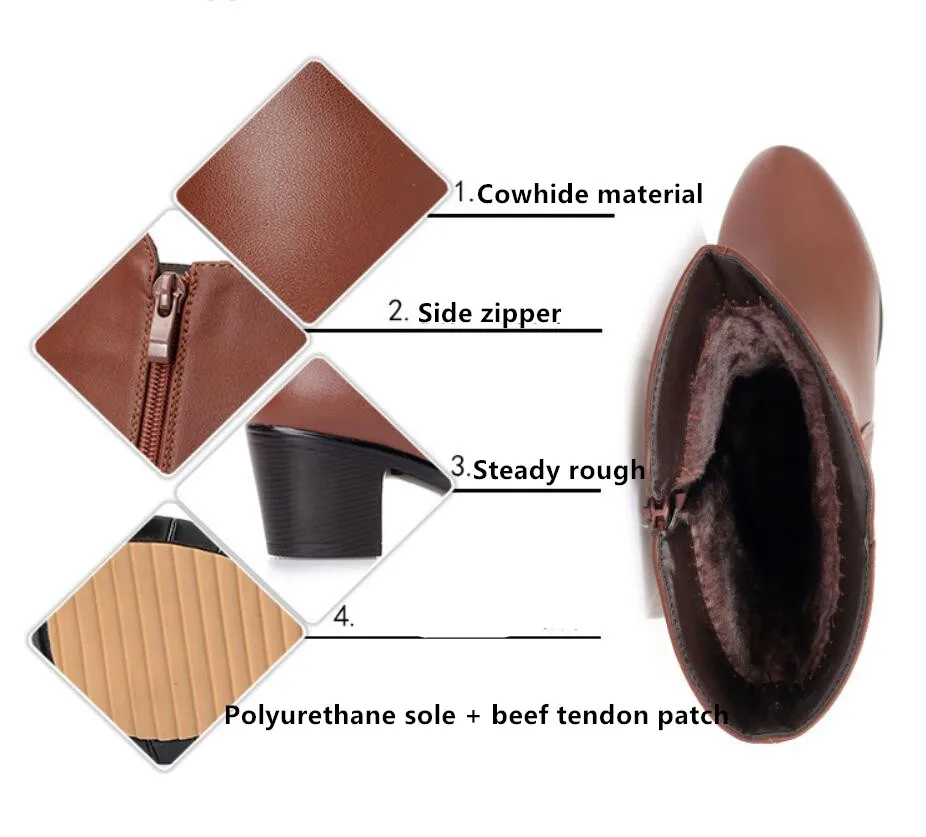 Женские ботинки из натуральной кожи на меху мотоциклетные теплые большие