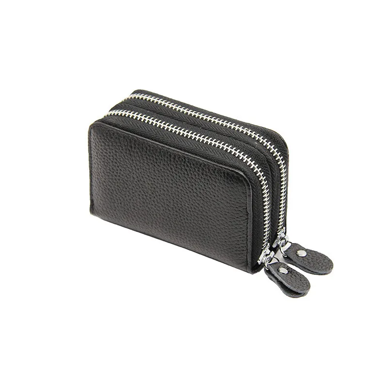 

Double Zipper Genuine Leather Card Holder Designer Coin Purse Lichee Unisex Driver License Money Bag RFID Card Package Wallet