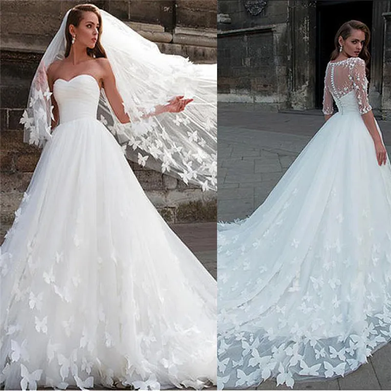 

Sweetheart Tulle A-Line Wedding Dress With Removable Lace Half Sleeves Jacket Bridal Gowns 2020 Two Pieces Butterfly Appliques
