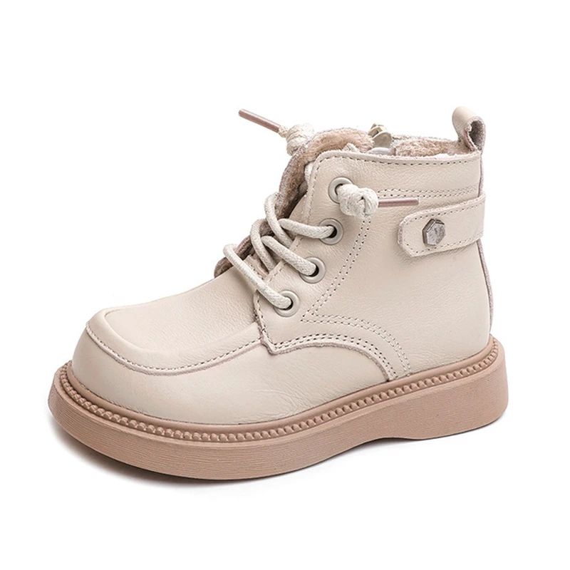 

14-19.5cm Full Grain Leather Kids Boys Martin Boots With Velvet,Solid Black Simple Big Toe Zip Warm Ankle Boots For Girls Women