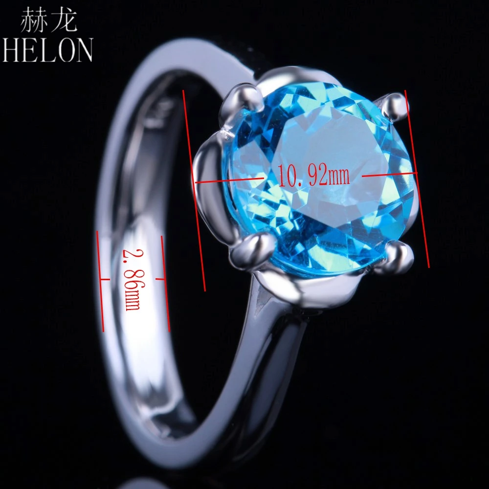 

HELON Solid 14K White Gold Round 9mm Genuine Natural Blue Topaz Solitaire Engagement Wedding Elegant Lady Unique Jewelry Ring