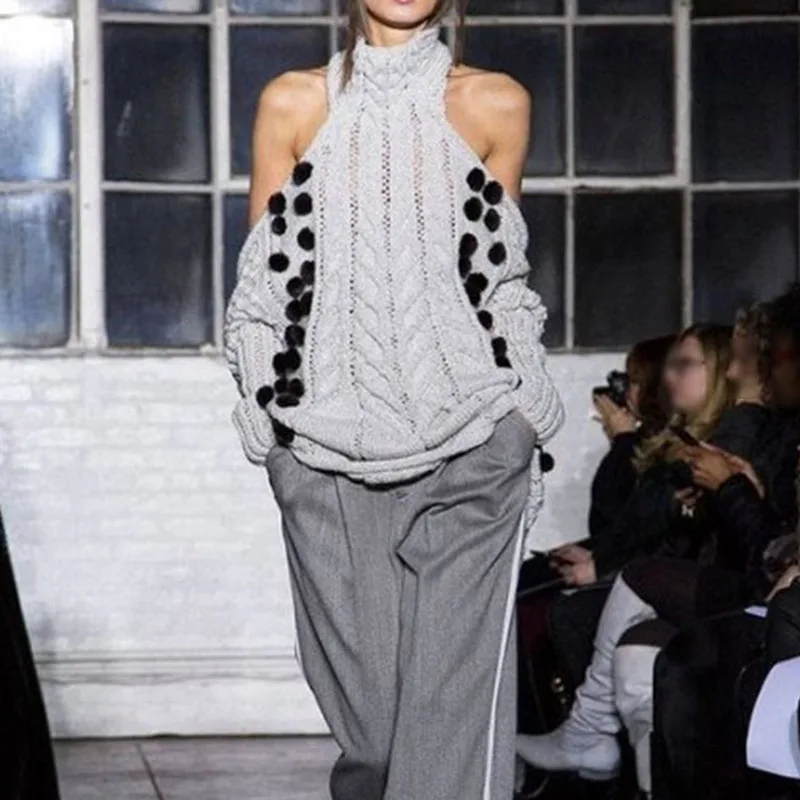 Модный вязаный свитер с высоким воротом женский сексуальный толстый открытыми