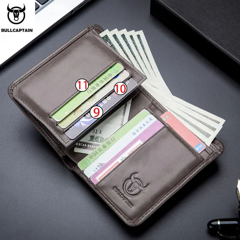 Мужской кожаный бумажник Bullcaptain коричневый короткий кошелек с отделением для