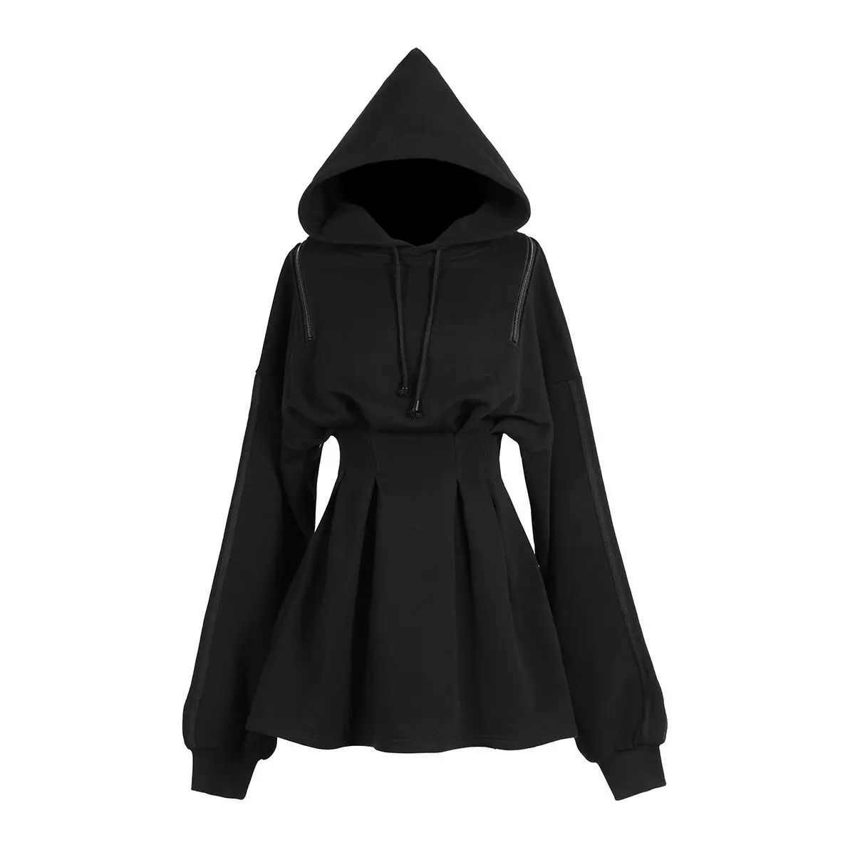 

Women Dress 2021 Spring New Vintage Hollow Out Above Mini Dress Dark Style Puff Sleeve Hooded Chiffon Solid Full Empire Girls