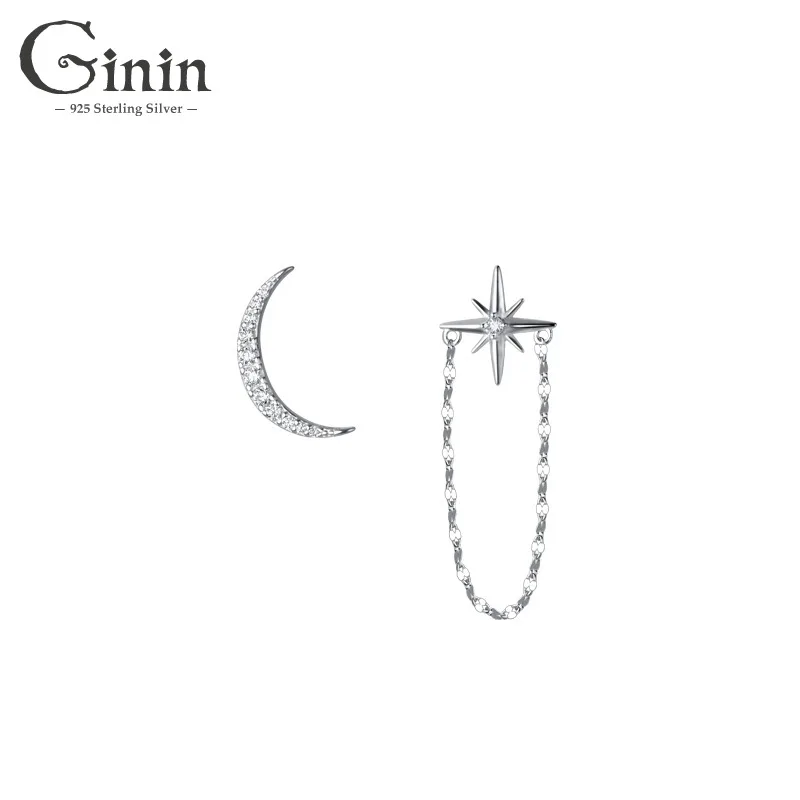 

GININ Pure 925 Sterling Silver Korean Style Asymmetric Crescent Stud Earrings Niche Girl Chain Asterism Wedding Party Jewelry