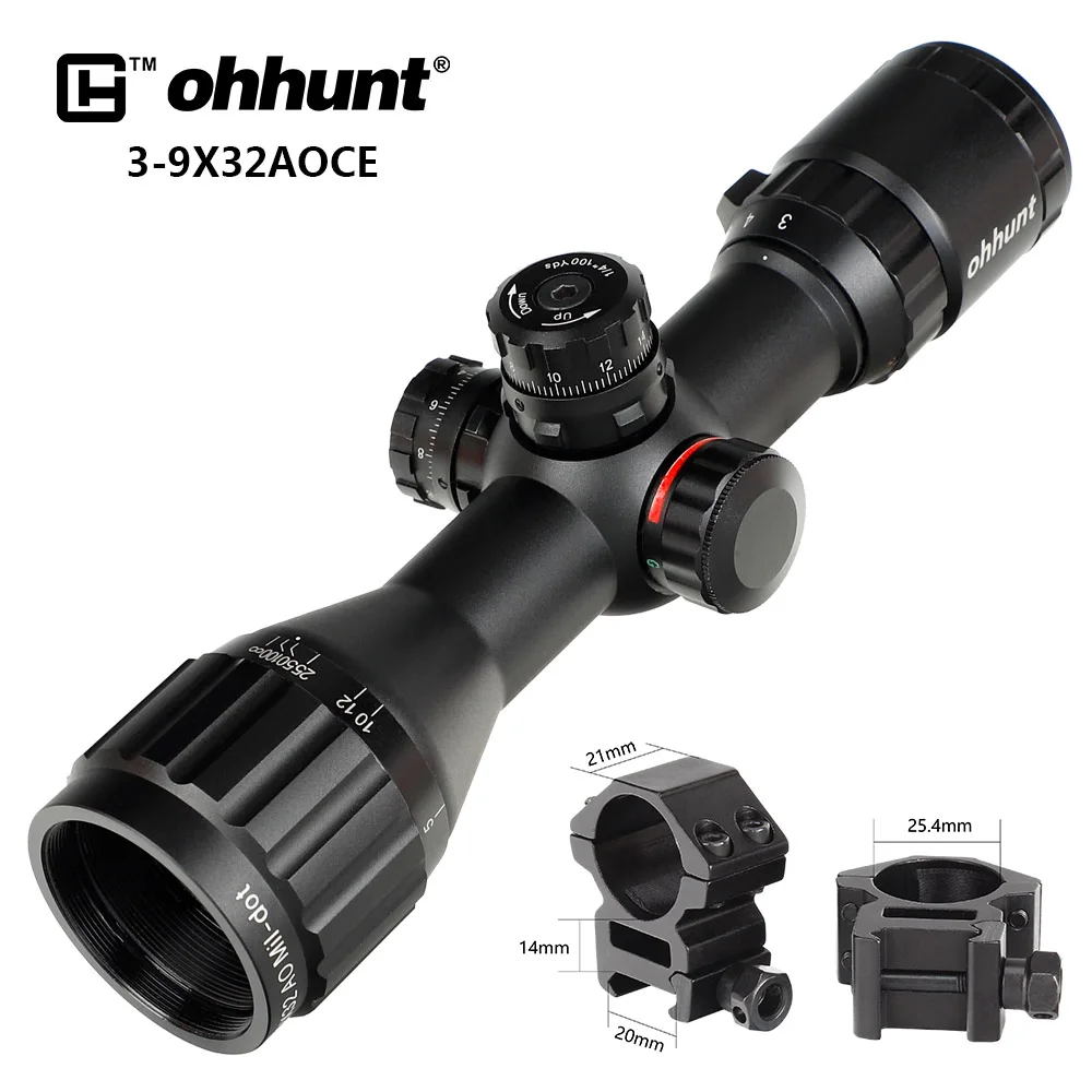 Ohhunt 3-9x32 AO компактная охотничья оптика 1/2 половина Mil точка сетка оптические прицелы башенки Блокировка с солнцезащитным козырьком тактический прицел - Цвет: Med Picatinny Rings