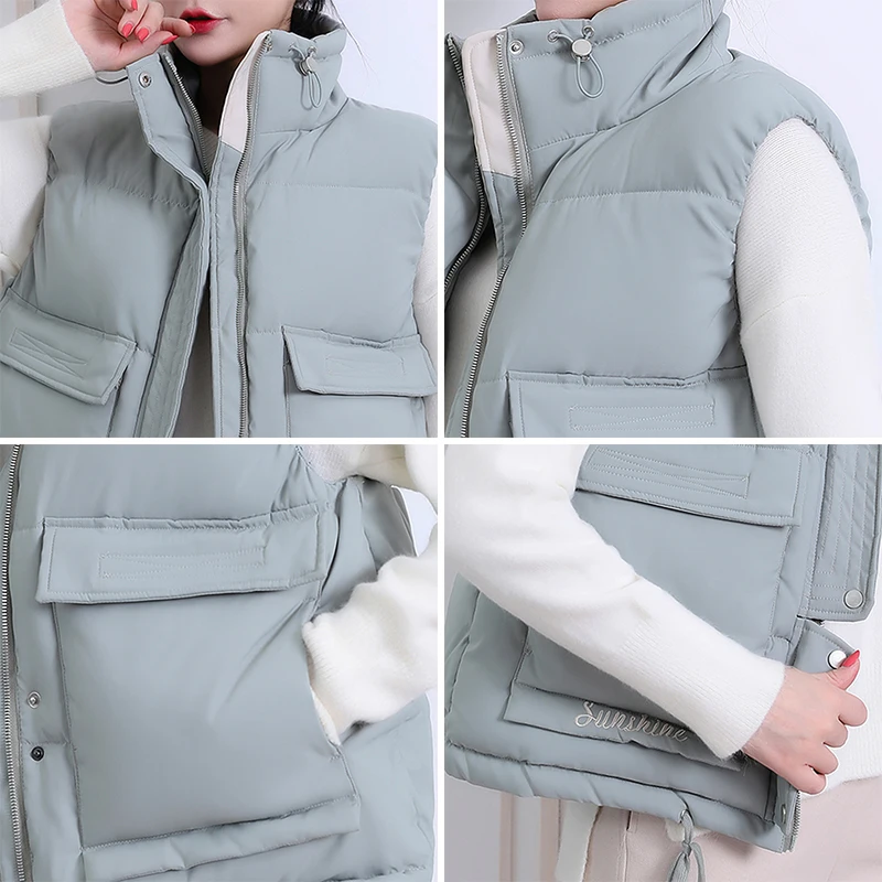 

Women's Winter Puffer Vest Big Pockets Stand Collar Zipper Solid Ladies Casual Sleeveless Jacket Embroidery Letter Waistcoat