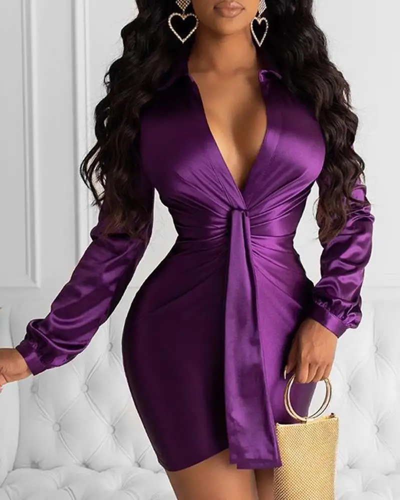 Женское атласное платье с v образным вырезом и длинным рукавом однотонное