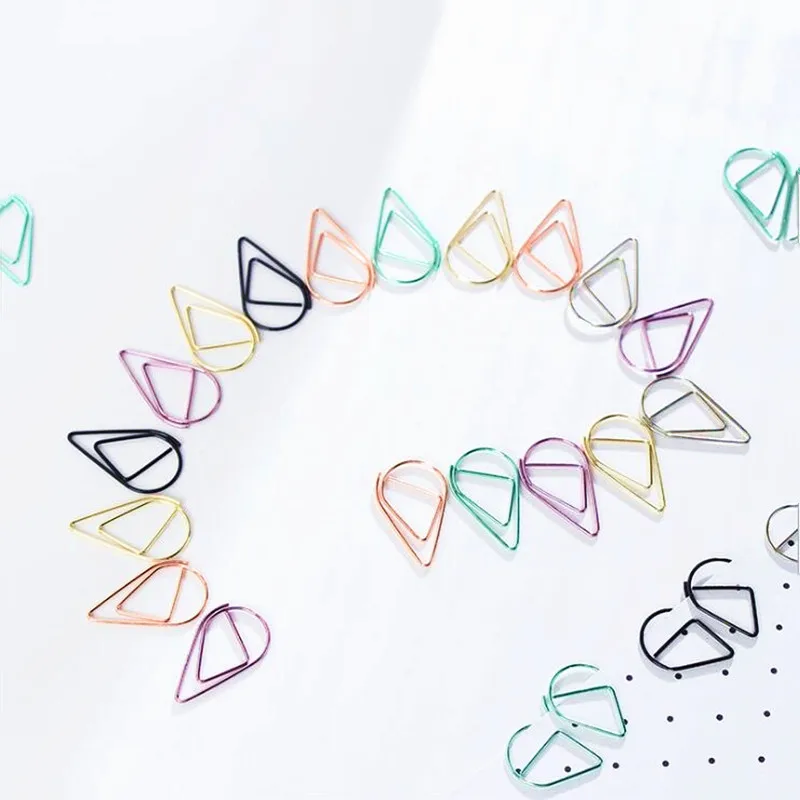 

hot 50/20Pcs/lot Metal Material Drop Shape Paper Clips Gold Silver Funny Kawaii Bookmark Office Shool Stationery Marking Clip