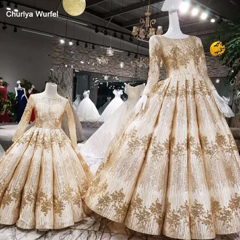 Lss008 Онлайн Золото мама и дочь вечернее платье Длинные рукава на шнуровке сзади