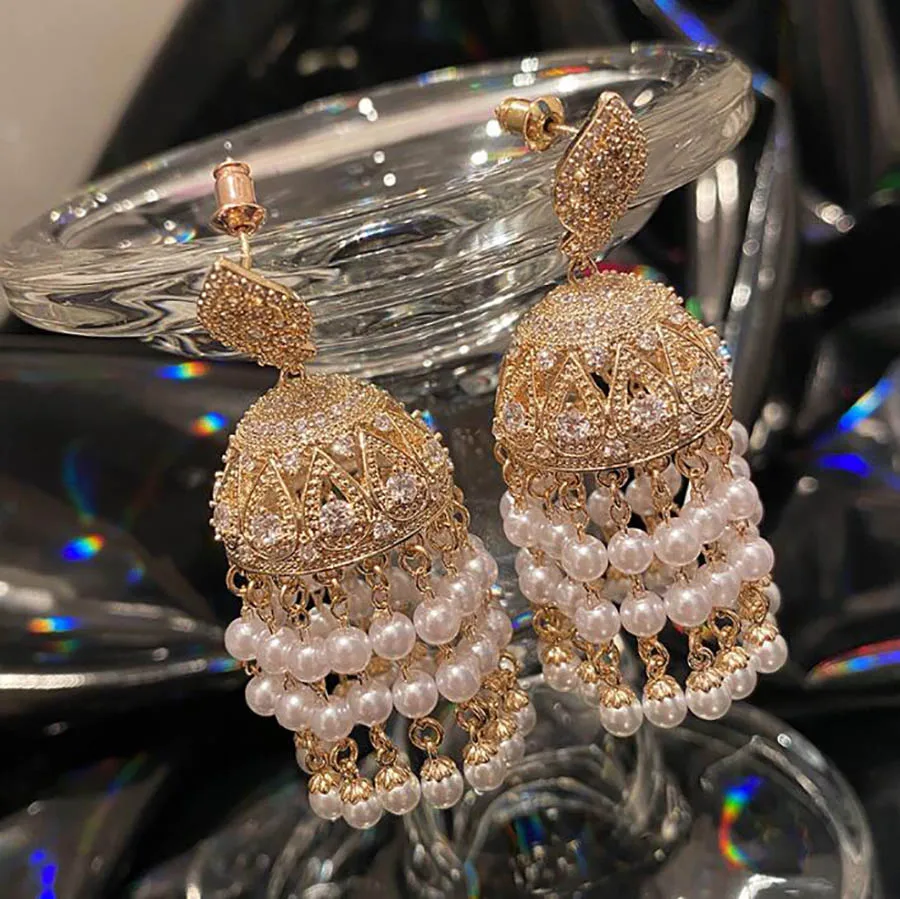 

Exaggerated golden birdcage pearl earrings women retro luxury lantern zircon tassel wind chimes bell gorgeous banquet dangle