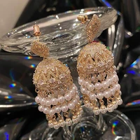exaggerated golden birdcage pearl earrings women retro luxury lantern zircon tassel wind chimes bell gorgeous banquet dangle
