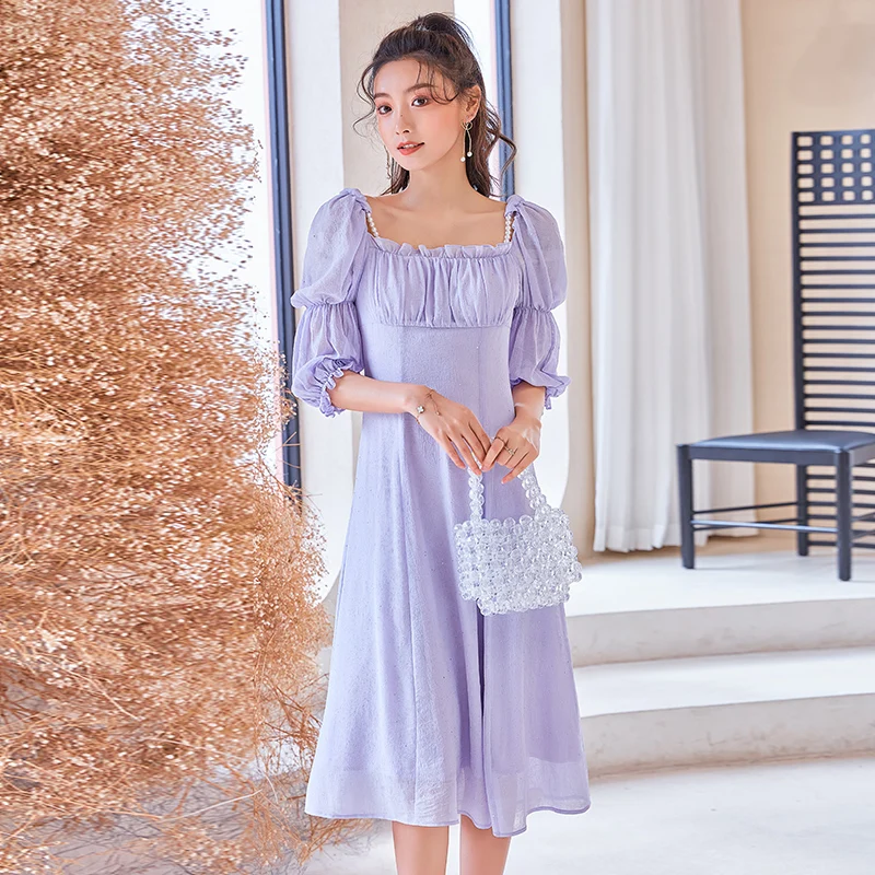 YIGELILA Vintage Women Summer Dress Elegant Square Collar Lantern Sleeve Dress Empire Slim Purple Dress Mid-length 66370