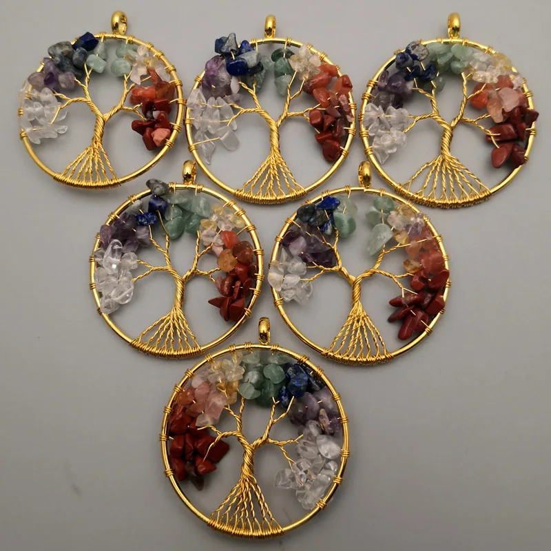 

Fashion Gold colour Tree of Life 50MM 30MM 12pcs/lot Wisdom Tree Chakra Reiki Healing Natural Stone Pendant for Jewelry making