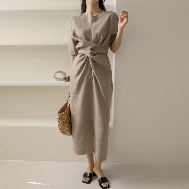 

Женское платье с карманами Johnature, однотонное Бандажное платье с круглым вырезом, коротким рукавом, свободного кроя, в Корейском стиле, для ле...